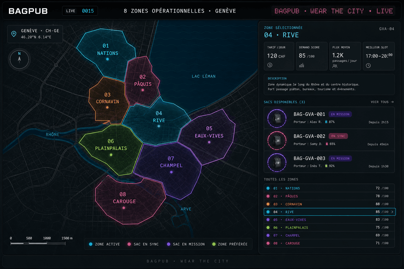 Dashboard BAGPUB · 8 zones opérationnelles à Genève · GPS temps réel